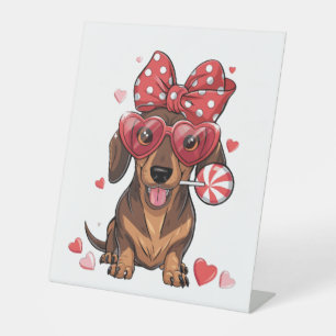 Entzückender Dachshund mit Herzbrille und Polka-Pu Sockelschild