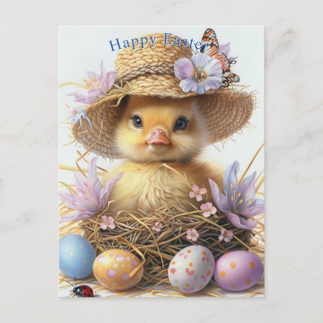 Entzückender Entlein Strohhut Ostern Eier Blumen Postkarte (Vorderseite)