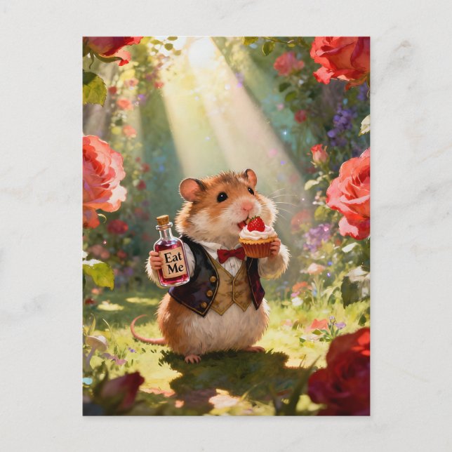 Entzückender Hamster isst Erdbeertörtchen Postkarte (Vorderseite)