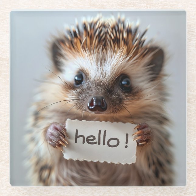 Entzückender Igel mit "Hallo!"-Schild Glasuntersetzer (Vorderseite)