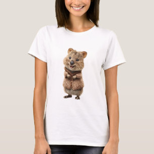 Entzückender lächelnder Quokka in brauner gestrick T-Shirt