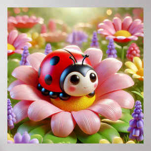 Entzückender Marienkäfer auf rosa Blume Poster