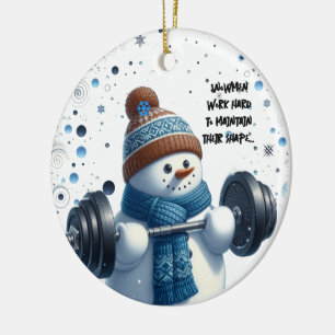 Entzückender Schneemann beim Gewichtheben Keramik Ornament