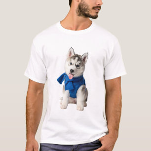 Entzückender sibirischer Husky-Welpe mit blauem Ge T-Shirt