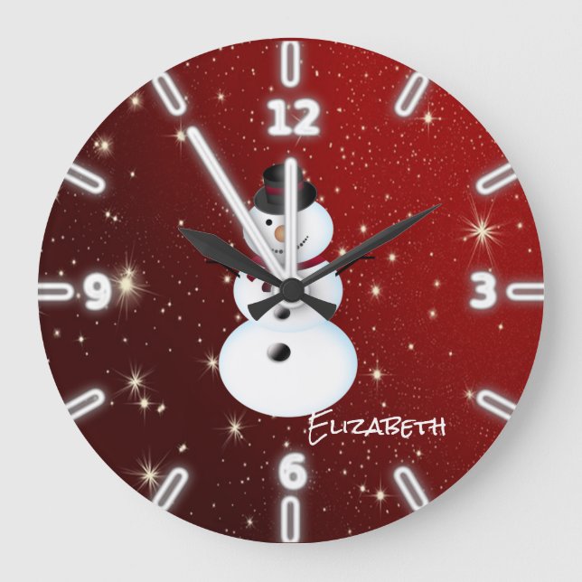 Entzückender Snowman, Rot - personalisiert Große Wanduhr (Vorderseite)