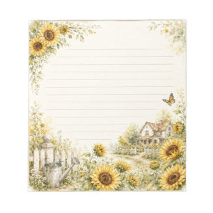 Entzückender Sonnenblumen-Cottage-Garten mit Linie Notizblock
