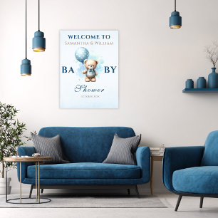 Entzückender Teddybär Blauer Luftballon Babyparty Poster