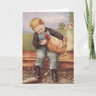Entzückender vintage Junge und Huhn Karte