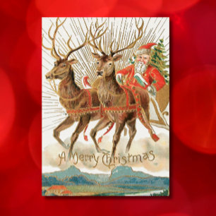 Entzückender Vintage-Weihnachtsmann + Rentier Froh Feiertagskarte