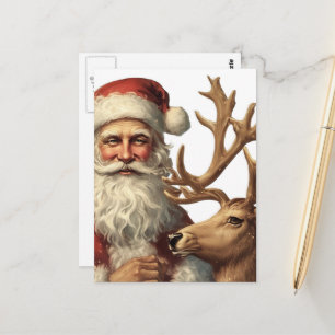 Entzückender Vintage-Weihnachtsmann und Rentier Postkarte