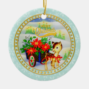 Entzückender vintage Weihnachtsrentier- und Blumen Keramik Ornament