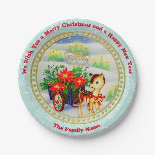 Entzückender vintage Weihnachtsrentier- und Blumen Pappteller