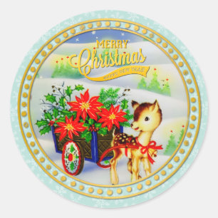 Entzückender vintage Weihnachtsrentier- und Blumen Runder Aufkleber