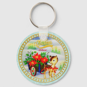 Entzückender vintage Weihnachtsrentier- und Blumen Schlüsselanhänger