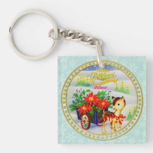 Entzückender vintage Weihnachtsrentier- und Blumen Schlüsselanhänger