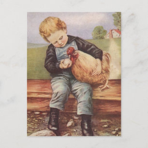Entzückender Vintager Junge und Huhn Postkarte