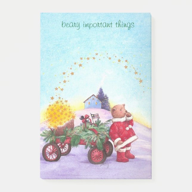 Entzückender Weihnachtsbär mit rotem Lastwagen Post-it Klebezettel (Vorderseite)