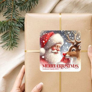 Entzückender Weihnachtsmann Rudolph Personalisiert Quadratischer Aufkleber