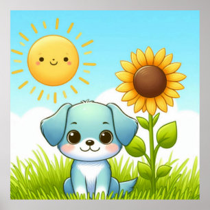 Entzückender Welpe mit Sonnenblume und lächelnder  Poster