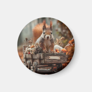 Entzückendes Eichhörnchen mit winzigem Holzwagen Magnet