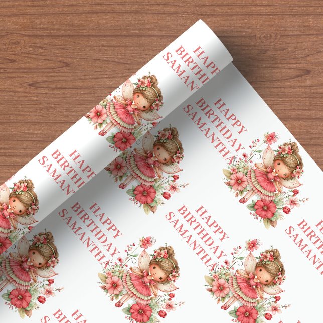 Entzückendes Feen-Mädchen Schamrot Blumen Geburtst Geschenkpapier (Charming Fairy Girl Blush Floral Birthday Wrapping Paper

)