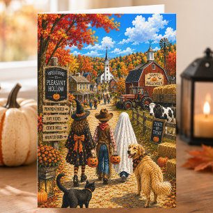 Entzückendes Herbst-Dorf Frohes Halloween Karte