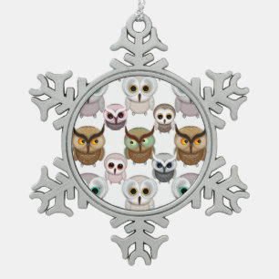 Entzückendes illustriertes Eulenmuster Schneeflocken Zinn-Ornament