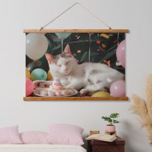 Entzückendes Katzen-Geburtstagsfeier-Design Wandteppich Mit Holzrahmen