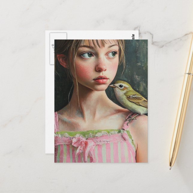 Entzückendes Mädchen mit süßem Vogel auf ihrer Sch Postkarte (Vorderseite/Rückseite Beispiel)