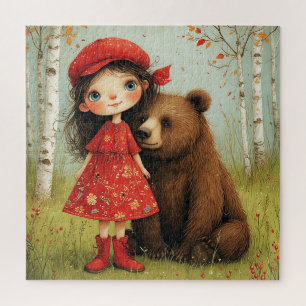 Entzückendes Mädchen und Bär im märchenhaften Wald Puzzle