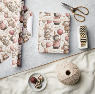 Entzückendes Mäuse-Geburtstagsmuster, Rosa & Beige Geschenkpapier