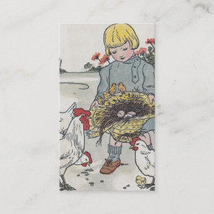 Entzückendes Vintage-Mädchen mit Hühnern, Text auf Visitenkarte