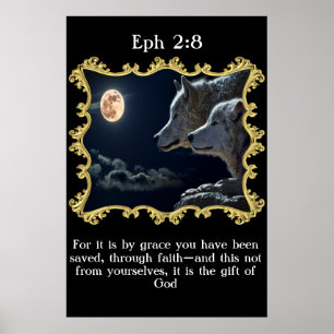 Eph 2:8 Wölfe, die in den Vollmond schauen. Poster
