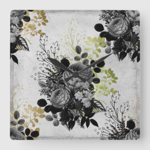 Ephemera Black & Gold Floral Quadratische Wanduhr