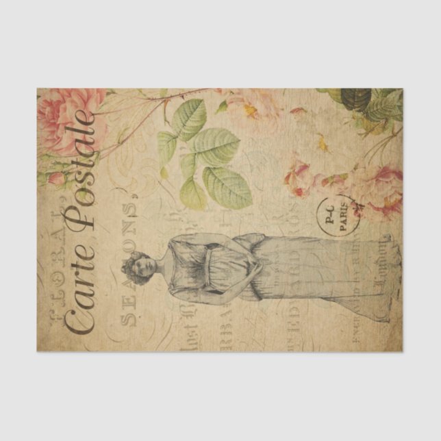 Ephemera Französisch Frau Pink Roses Floral Decoup Seidenpapier (Vorderseite)