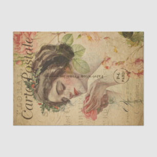 Ephemera Französische Postkartenfrau mit Rose Deco Seidenpapier