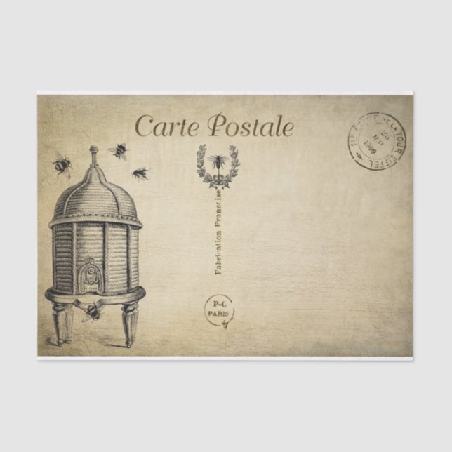 Ephemera French Postcard Beehive Bees Decoupage Seidenpapier (Vorderseite)