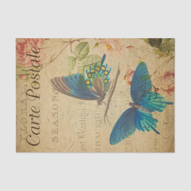 Ephemera French Postcard Blue Butterfly Decoupage Seidenpapier (Vorderseite)