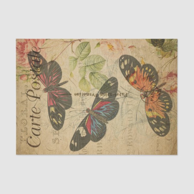Ephemera French Postcard Butterflies Decoupage Seidenpapier (Vorderseite)