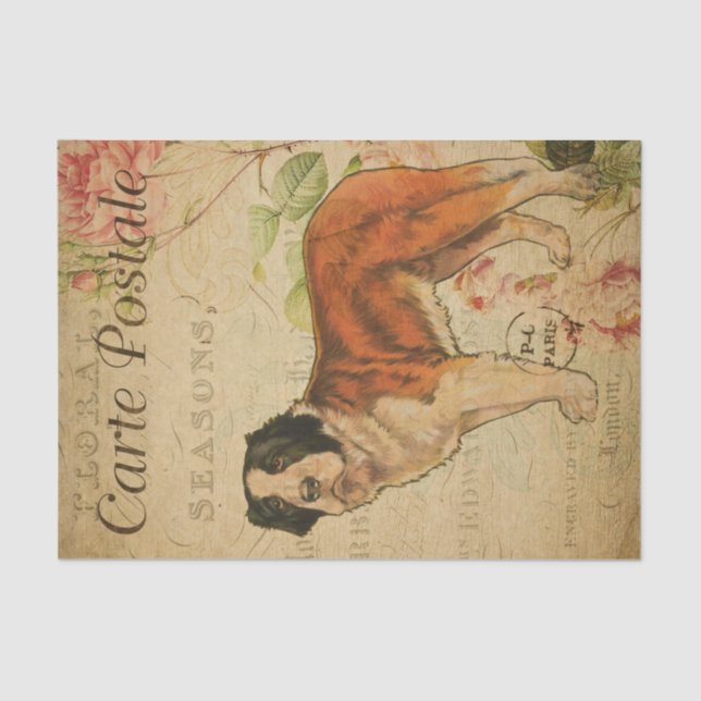 Ephemera French Postcard Hund Floral Decoupage Seidenpapier (Vorderseite)