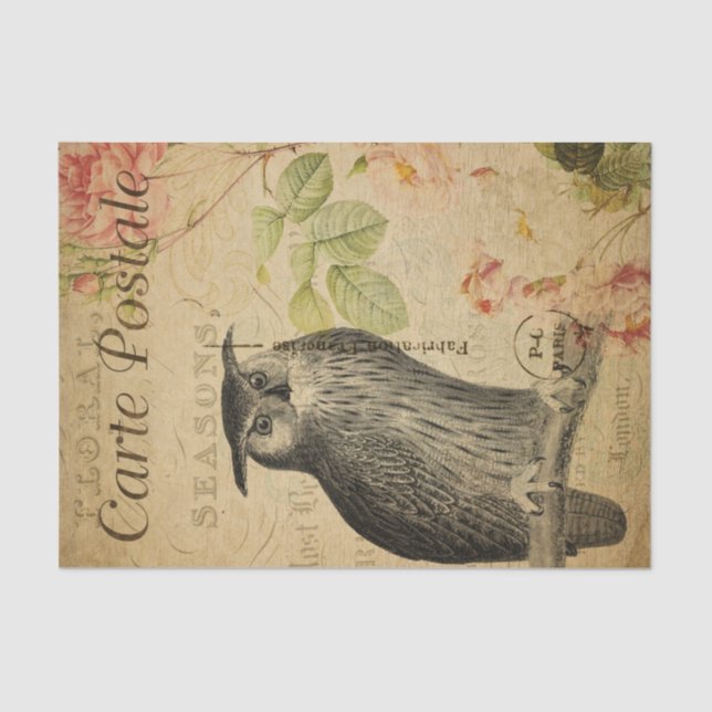 Ephemera French Postcard Owl Pink Roses Decoupage Seidenpapier (Vorderseite)