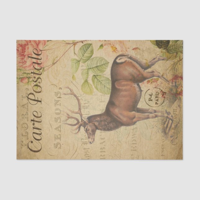Ephemera French Postcard Stag Deer Decoupage Seidenpapier (Vorderseite)