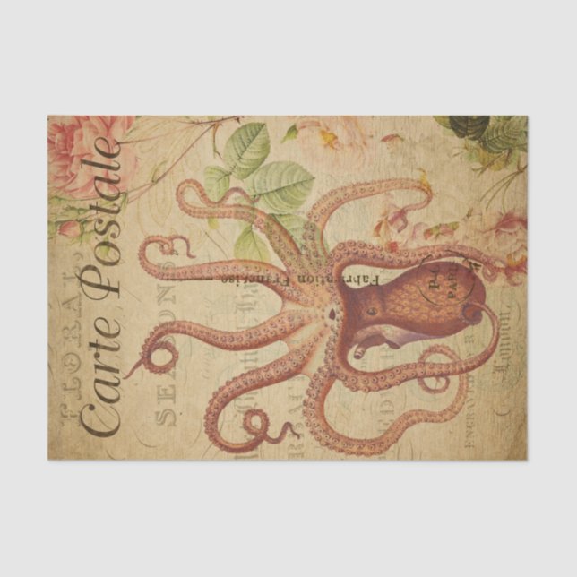 Ephemera Octopus Tintenfisch Pink Roses Decoupage Seidenpapier (Vorderseite)