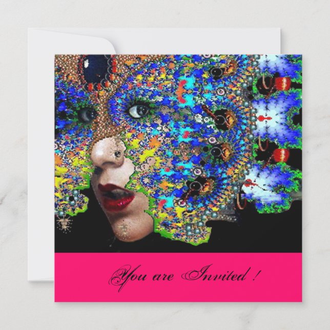 EPHEMERALMardi Gras Masquerade Ball, fuchsienschwa Einladung (Vorderseite)