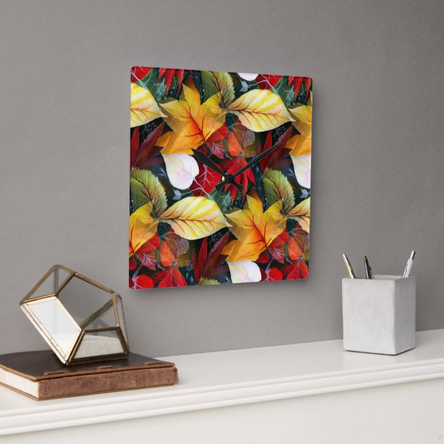 Ephemeride Herbstblätter in Watercolor Vivid Bold Quadratische Wanduhr (Büro)