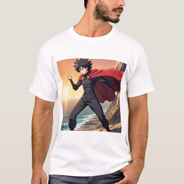Epic Anime Hero at Sunset – Powerful Warrior with  T-Shirt (Vorderseite)