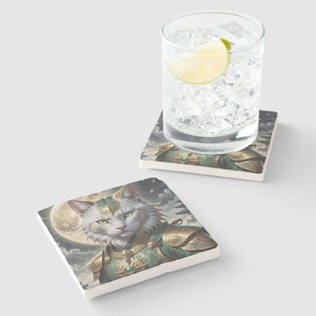 Epic Armored Cat Warrior Steinuntersetzer (Seitenansicht)