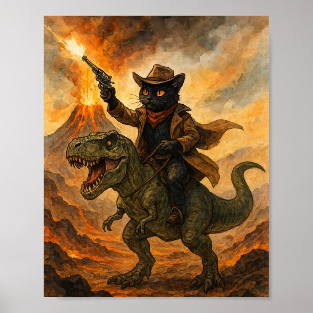 Epic Cowboy Cat Riding Dinosaur – Bold Watercolor Poster (Vorne)