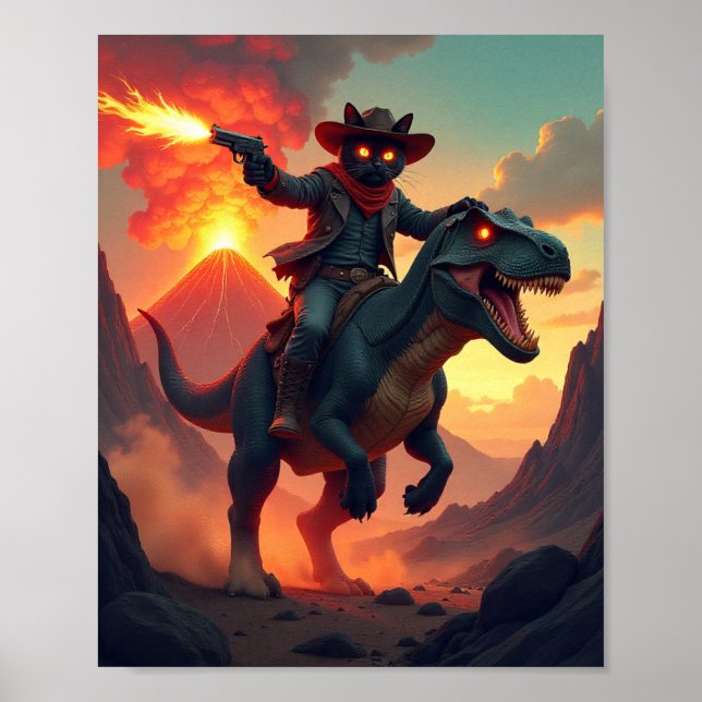 Epic Cowboy Cat Riding Dinosaur | Fantasy Sci-Fi Poster (Vorne)