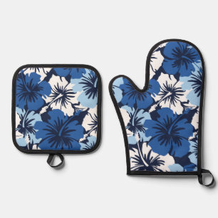 Epic Hibiskus Hawaiian Floral Aloha Blues Ofenhandschuh & Topflappen-Set